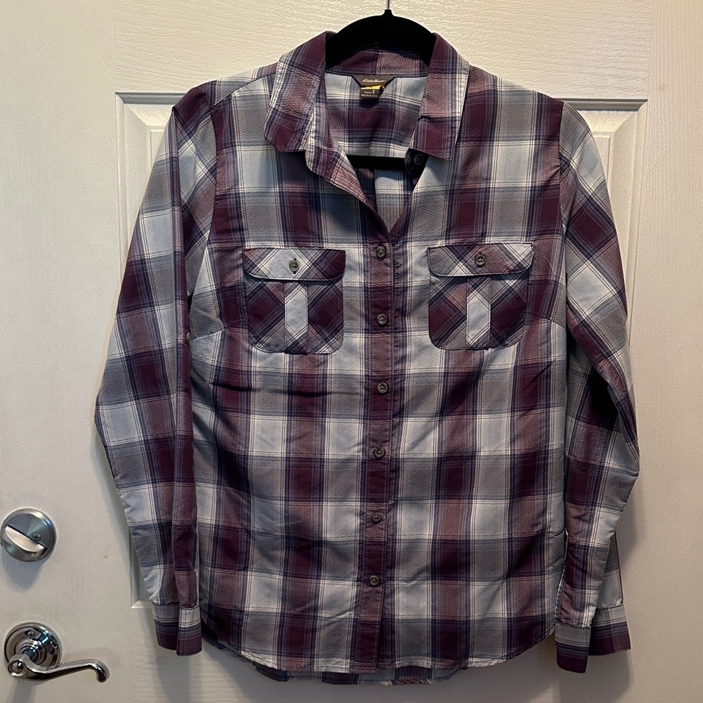 Eddie Bauer Purple Blue & White Plaid Active Button-Down Shirt Size Small